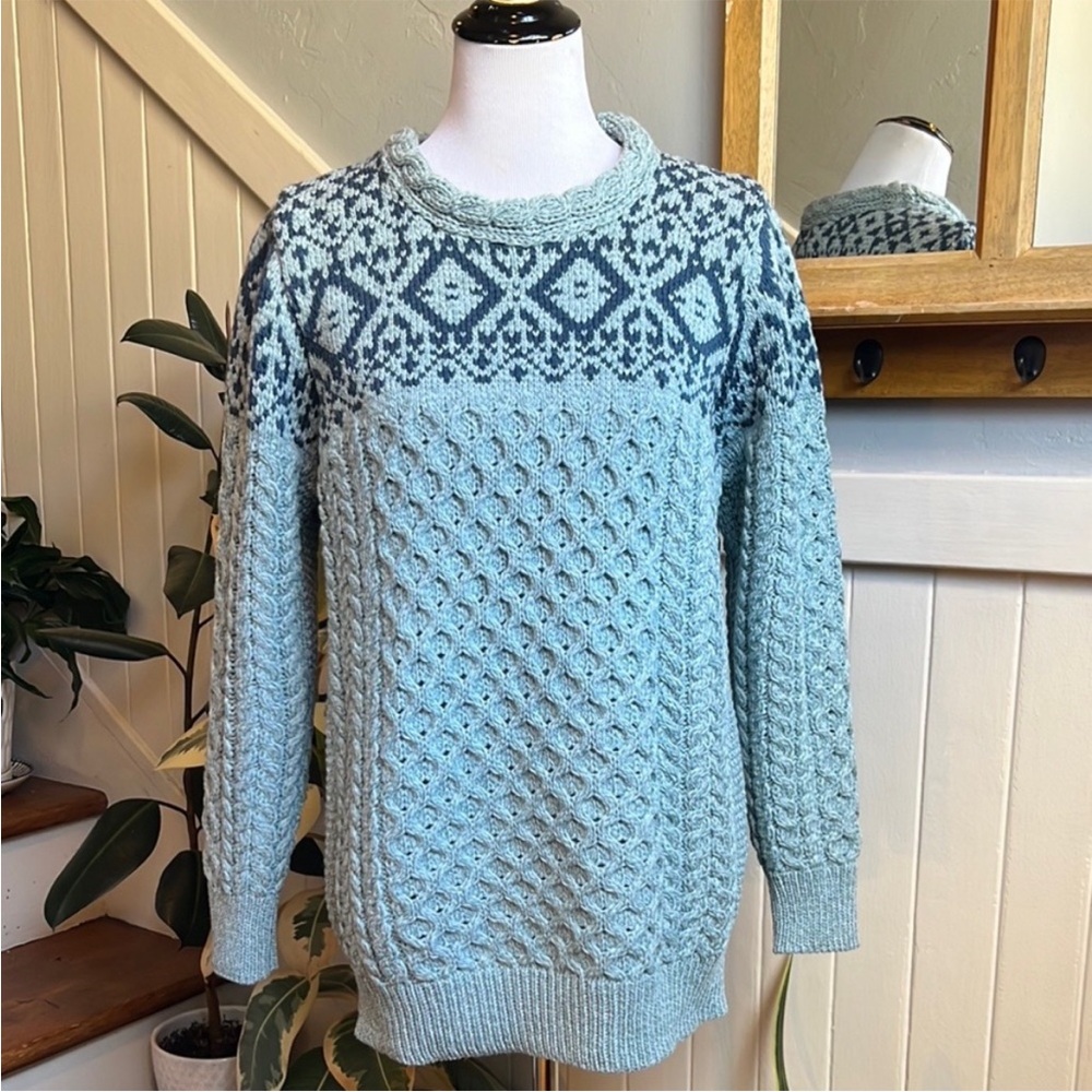 NWOT Aran Crafts Blue Fair Isle Sweater with Chunky Knit 100% Merino Wool